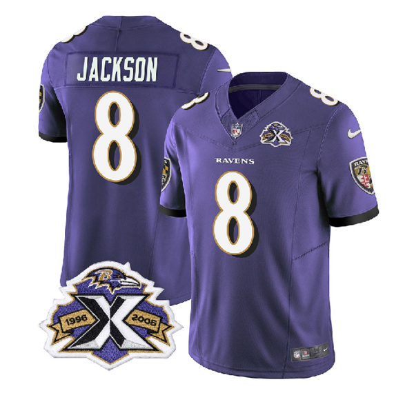 Men's Baltimore Ravens #8 Lamar Jackson Purple 2023 F.U.S.E With Patch Throwback Vapor Limited Stitched Jersey